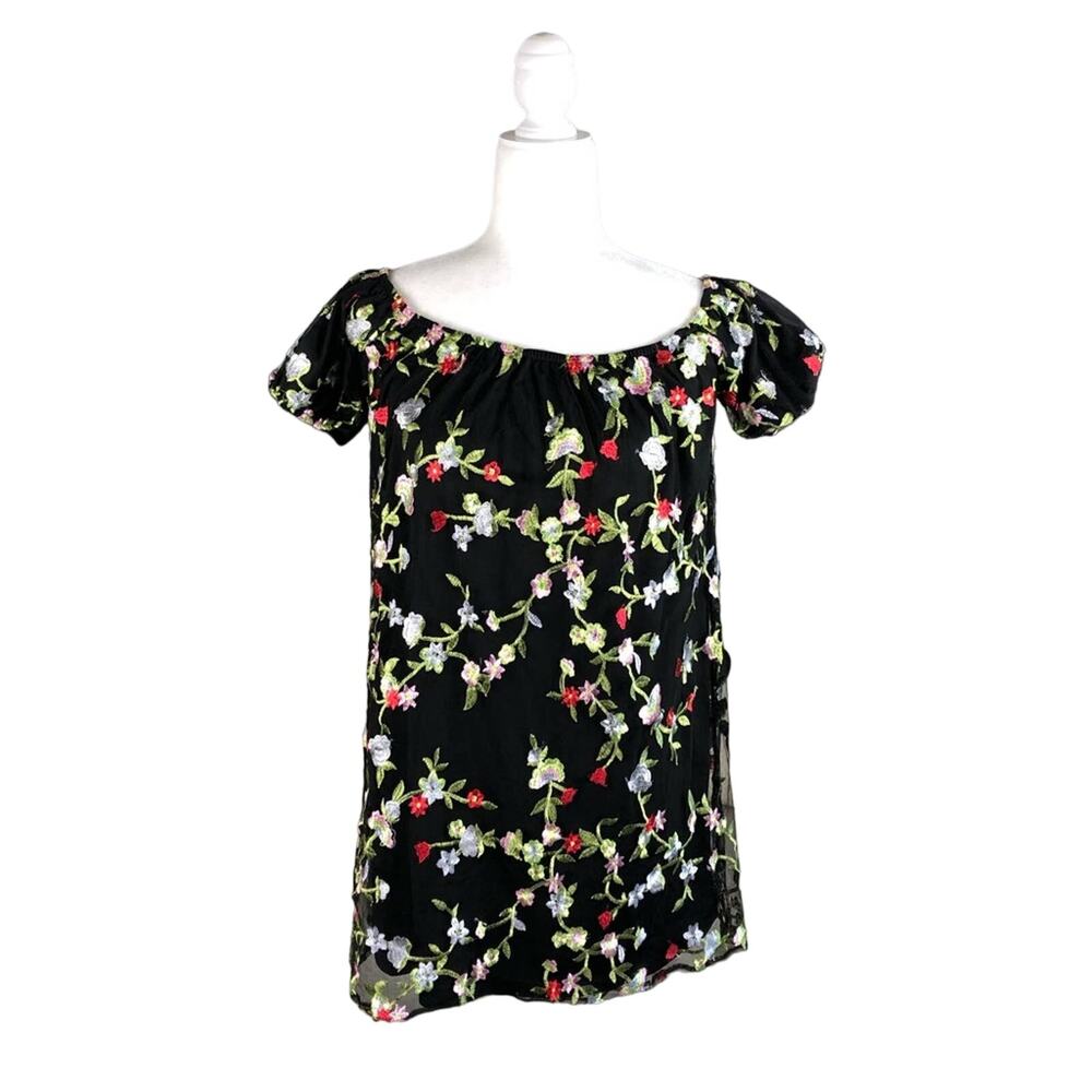 KIMCHI BLUE Black Floral Embroidered Dress Small Off Shoulder Summer Festival